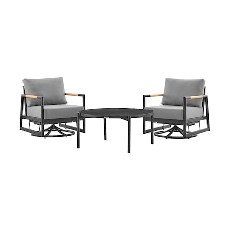 Armen Living Royal and Tiffany 3 Piece Outdoor Patio Swivel Seating Set in Black Aluminum with Teak Wood 840254332614